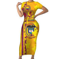Custom Colombia Football Short Sleeve Bodycon Dress Tropical Orchid Floral Pattern With Coat Of Arms