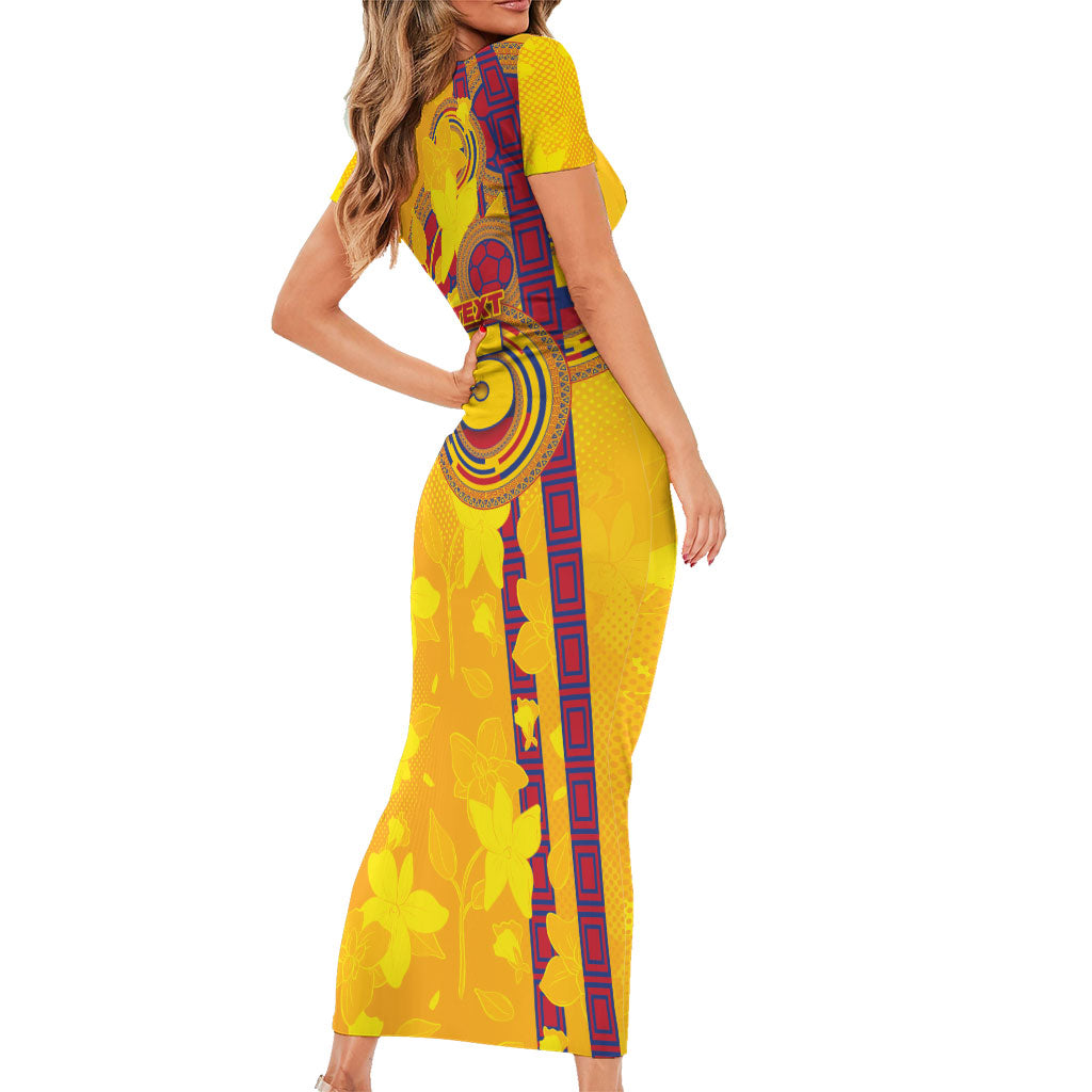 Custom Colombia Football Short Sleeve Bodycon Dress Tropical Orchid Floral Pattern With Coat Of Arms