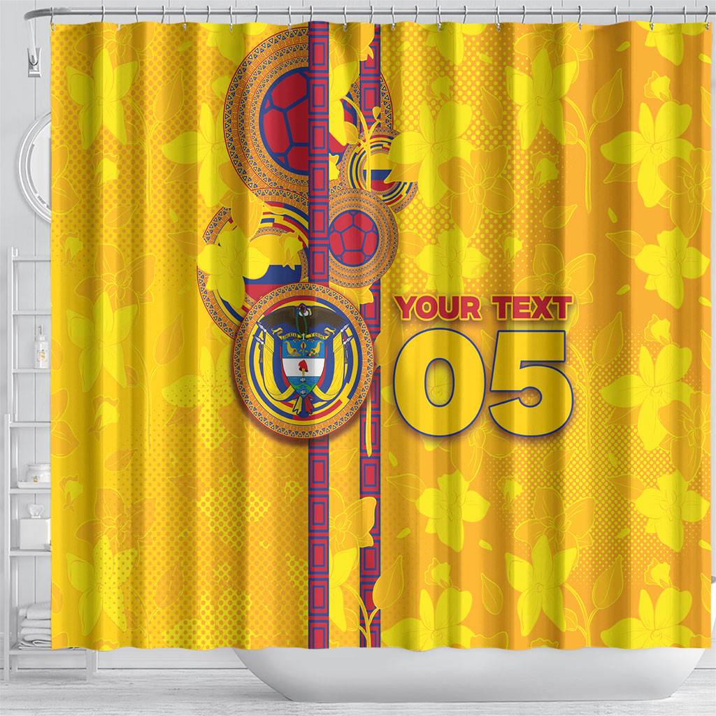 Custom Colombia Football Shower Curtain Tropical Orchid Floral Pattern With Coat Of Arms
