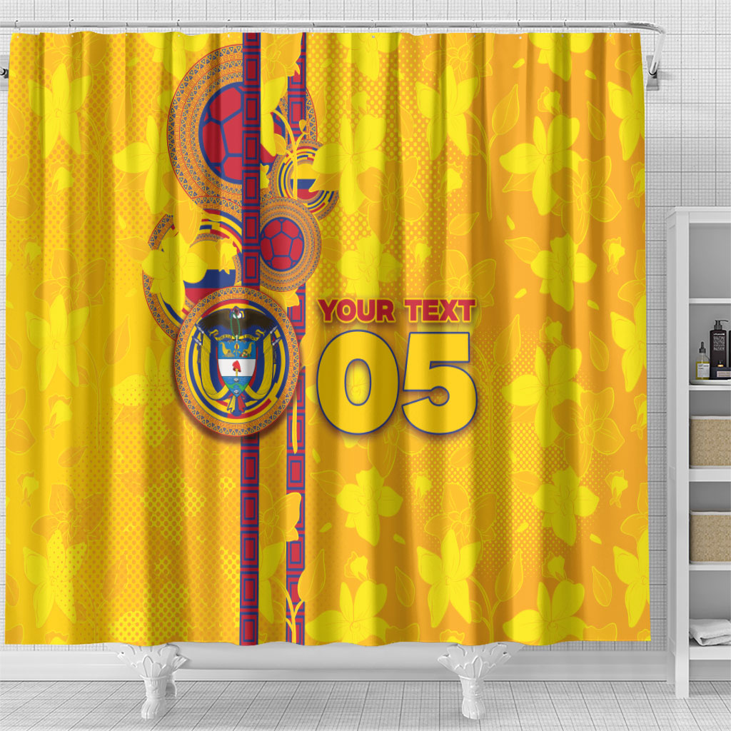 Custom Colombia Football Shower Curtain Tropical Orchid Floral Pattern With Coat Of Arms