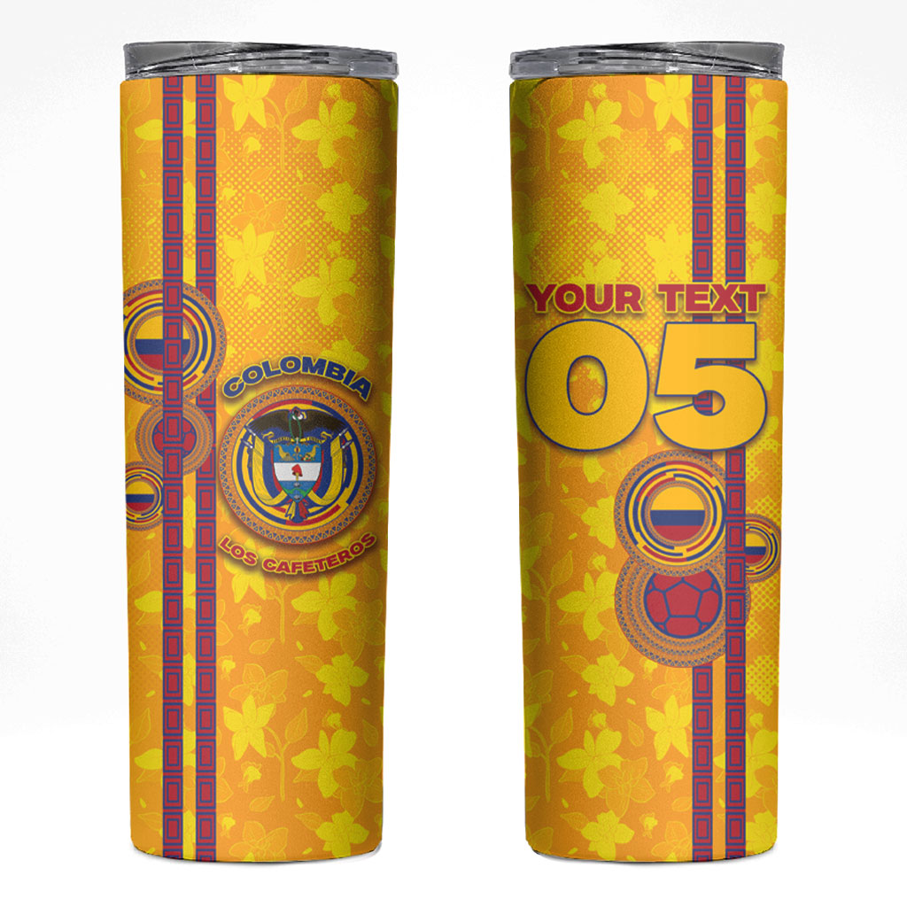 Custom Colombia Football Skinny Tumbler Tropical Orchid Floral Pattern With Coat Of Arms