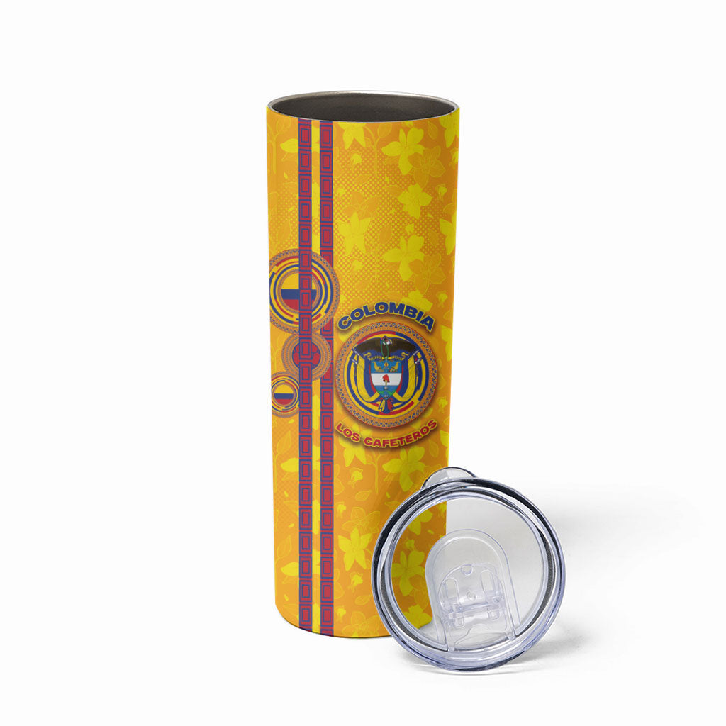 Custom Colombia Football Skinny Tumbler Tropical Orchid Floral Pattern With Coat Of Arms