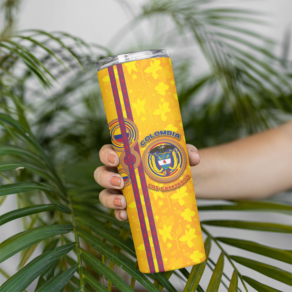 Custom Colombia Football Skinny Tumbler Tropical Orchid Floral Pattern With Coat Of Arms