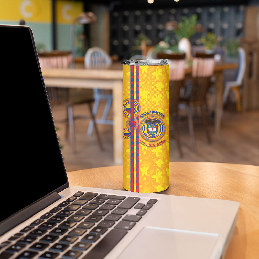Custom Colombia Football Skinny Tumbler Tropical Orchid Floral Pattern With Coat Of Arms