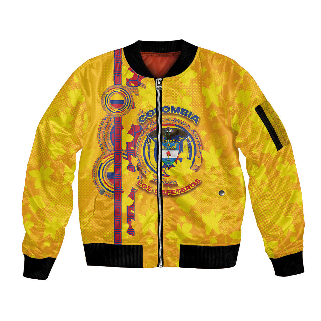 Custom Colombia Football Sleeve Zip Bomber Jacket Tropical Orchid Floral Pattern With Coat Of Arms