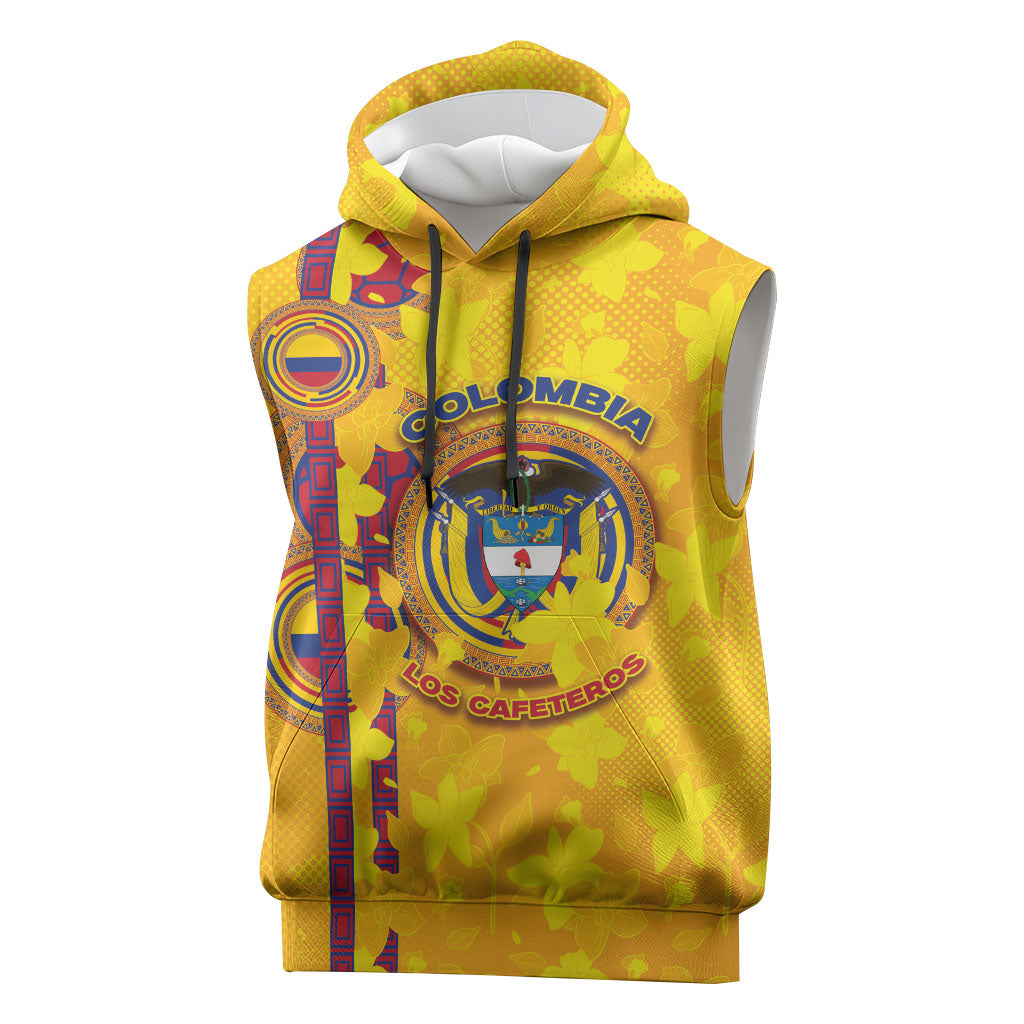 Custom Colombia Football Sleeveless Hoodie Tropical Orchid Floral Pattern With Coat Of Arms