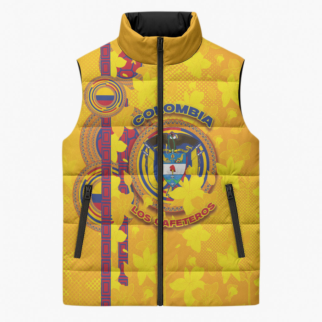 Custom Colombia Football Sleeveless Puffer Jacket Tropical Orchid Floral Pattern With Coat Of Arms