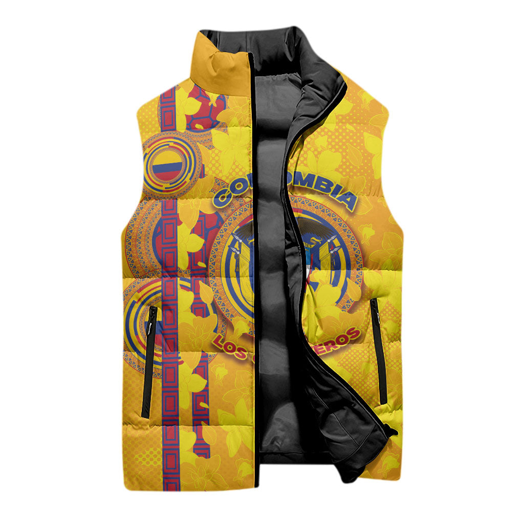 Custom Colombia Football Sleeveless Puffer Jacket Tropical Orchid Floral Pattern With Coat Of Arms