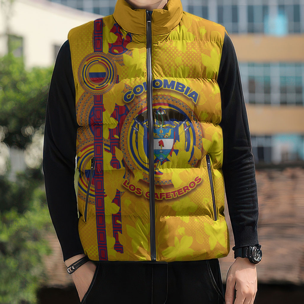 Custom Colombia Football Sleeveless Puffer Jacket Tropical Orchid Floral Pattern With Coat Of Arms
