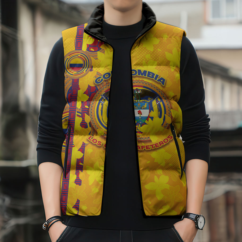Custom Colombia Football Sleeveless Puffer Jacket Tropical Orchid Floral Pattern With Coat Of Arms