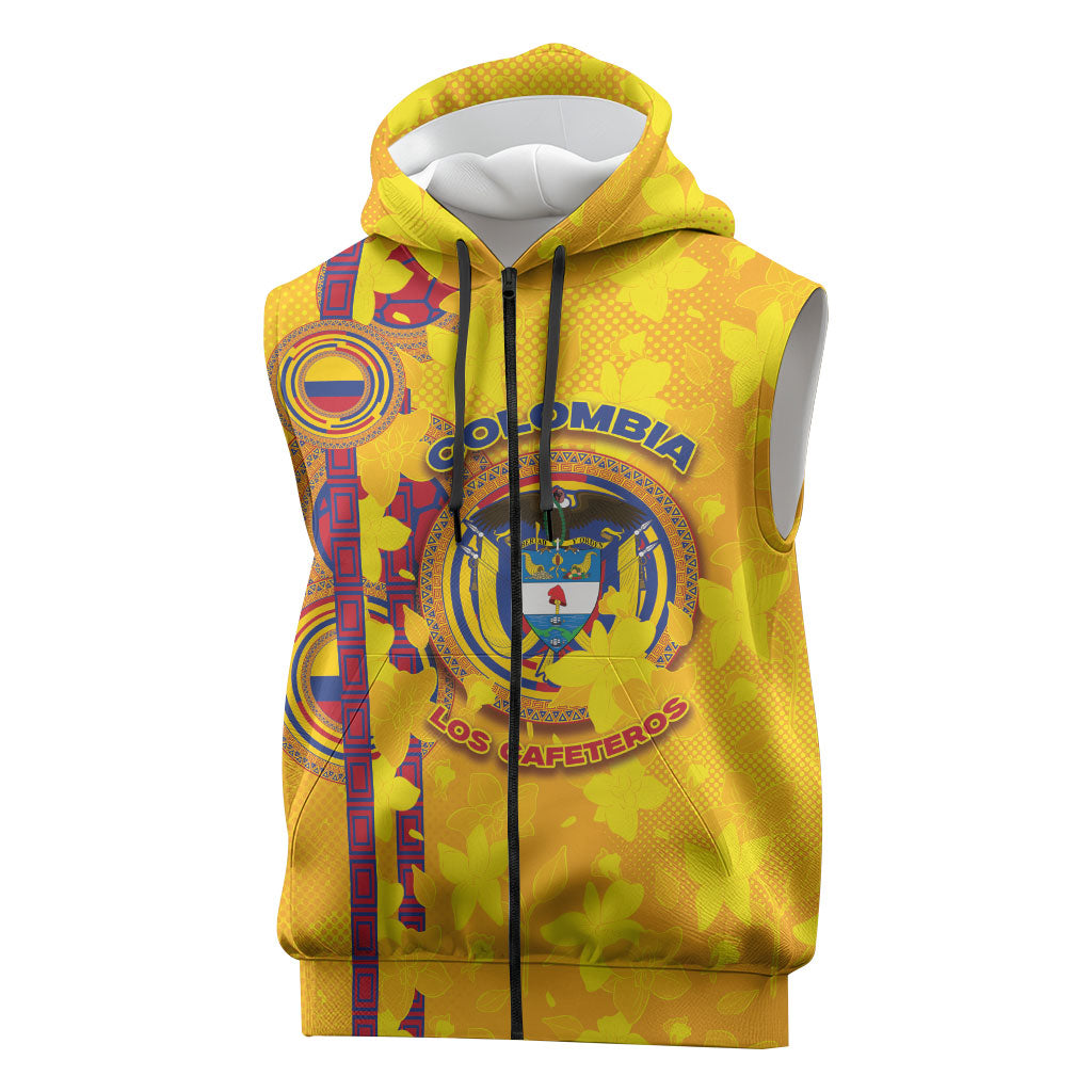 Custom Colombia Football Sleeveless Zip Hoodie Tropical Orchid Floral Pattern With Coat Of Arms