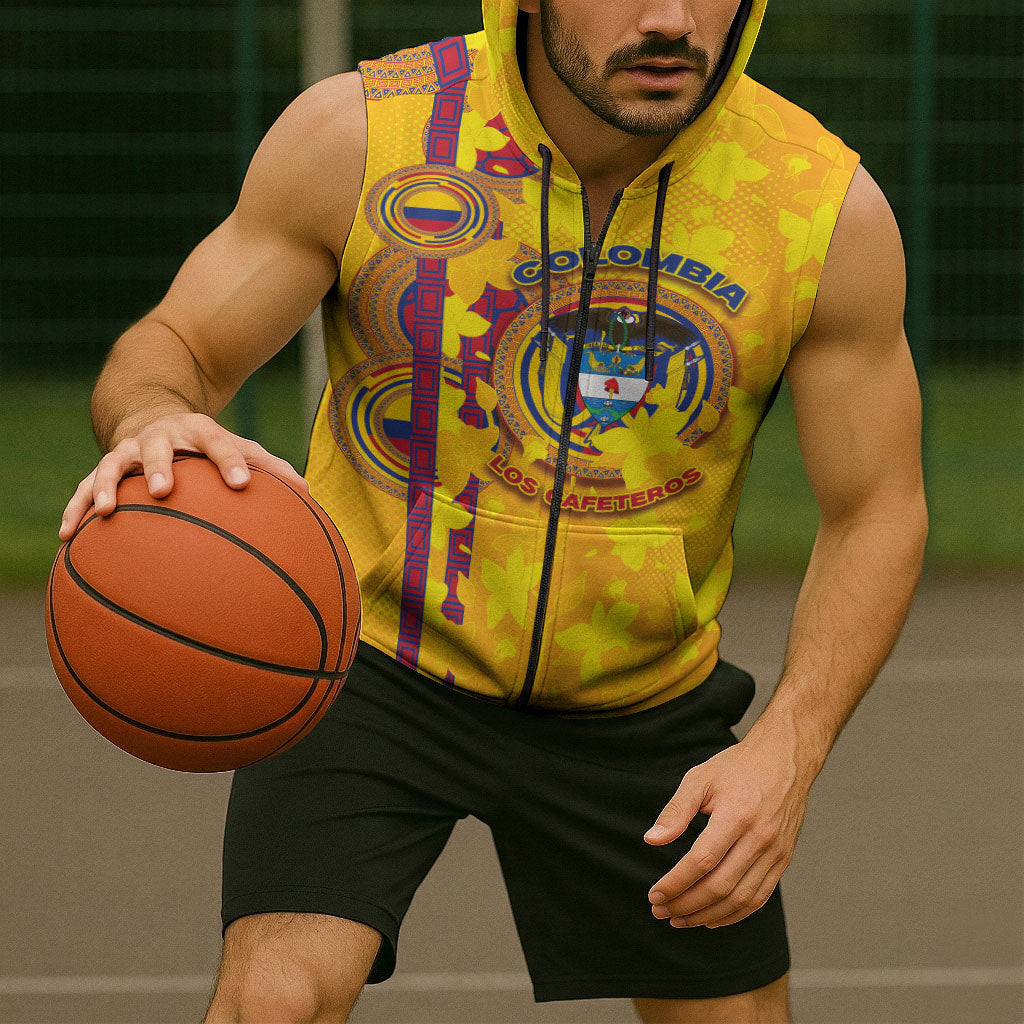 Custom Colombia Football Sleeveless Zip Hoodie Tropical Orchid Floral Pattern With Coat Of Arms