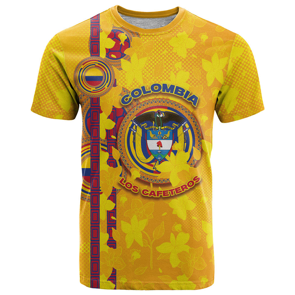 Custom Colombia Football T Shirt Tropical Orchid Floral Pattern With Coat Of Arms