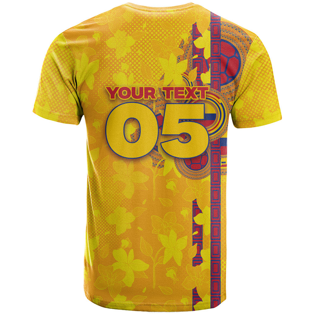 Custom Colombia Football T Shirt Tropical Orchid Floral Pattern With Coat Of Arms