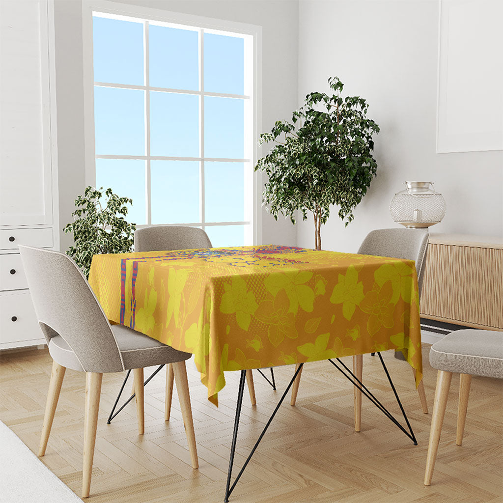 Custom Colombia Football Tablecloth Tropical Orchid Floral Pattern With Coat Of Arms