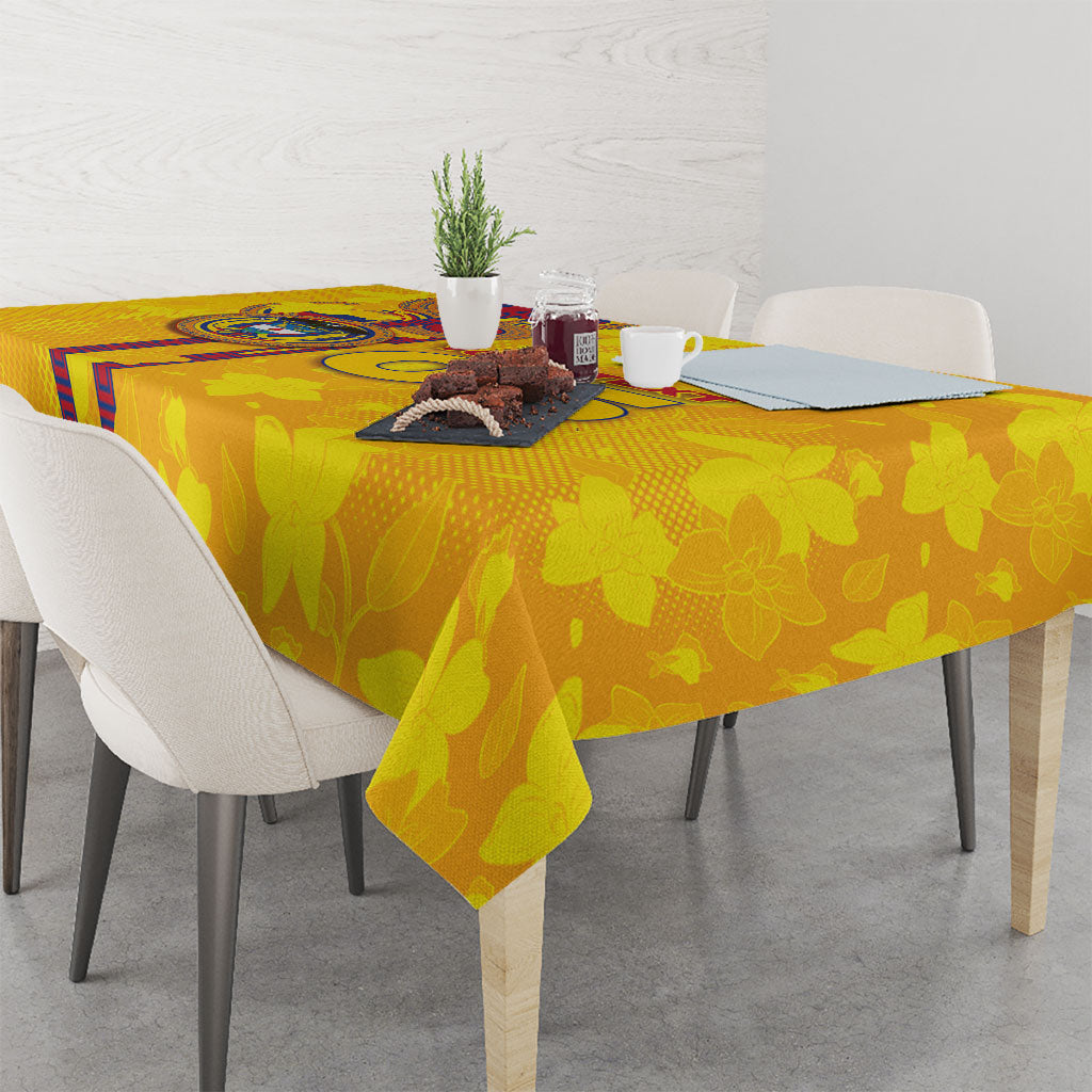 Custom Colombia Football Tablecloth Tropical Orchid Floral Pattern With Coat Of Arms
