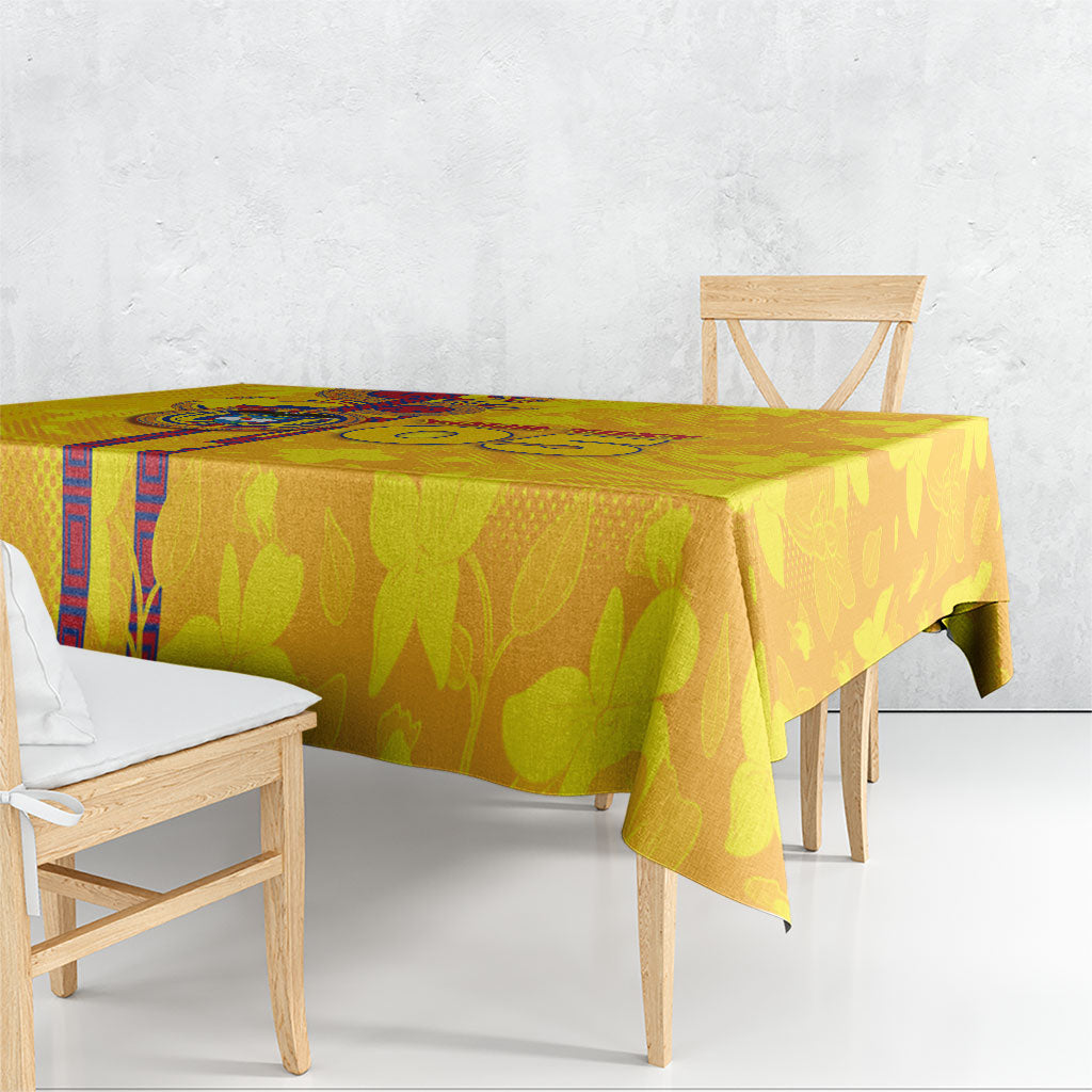Custom Colombia Football Tablecloth Tropical Orchid Floral Pattern With Coat Of Arms