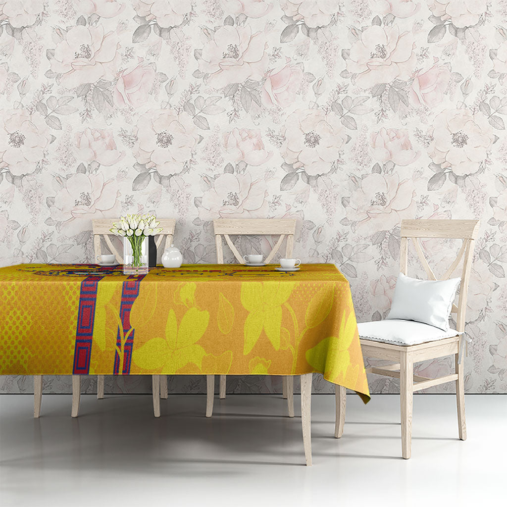 Custom Colombia Football Tablecloth Tropical Orchid Floral Pattern With Coat Of Arms