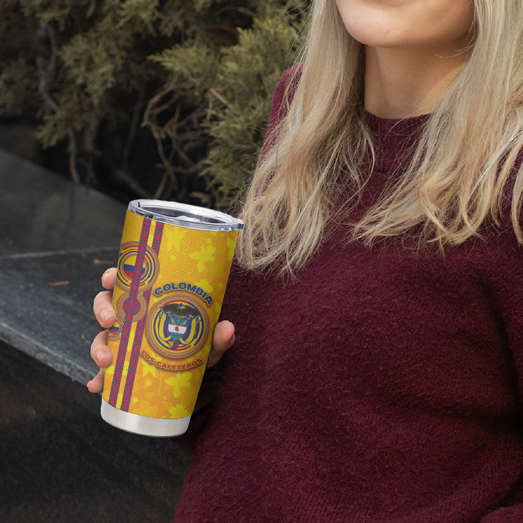 Custom Colombia Football Tumbler Cup Tropical Orchid Floral Pattern With Coat Of Arms