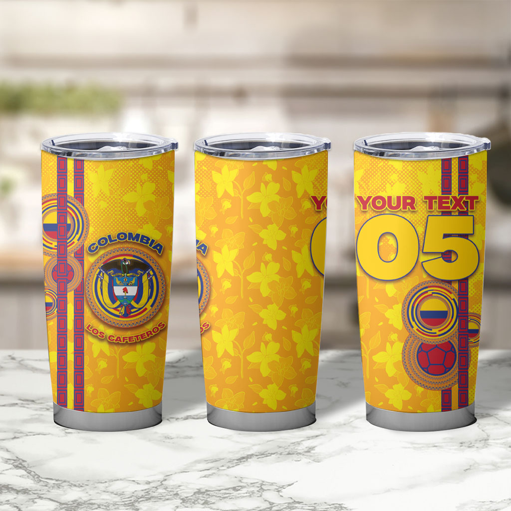 Custom Colombia Football Tumbler Cup Tropical Orchid Floral Pattern With Coat Of Arms