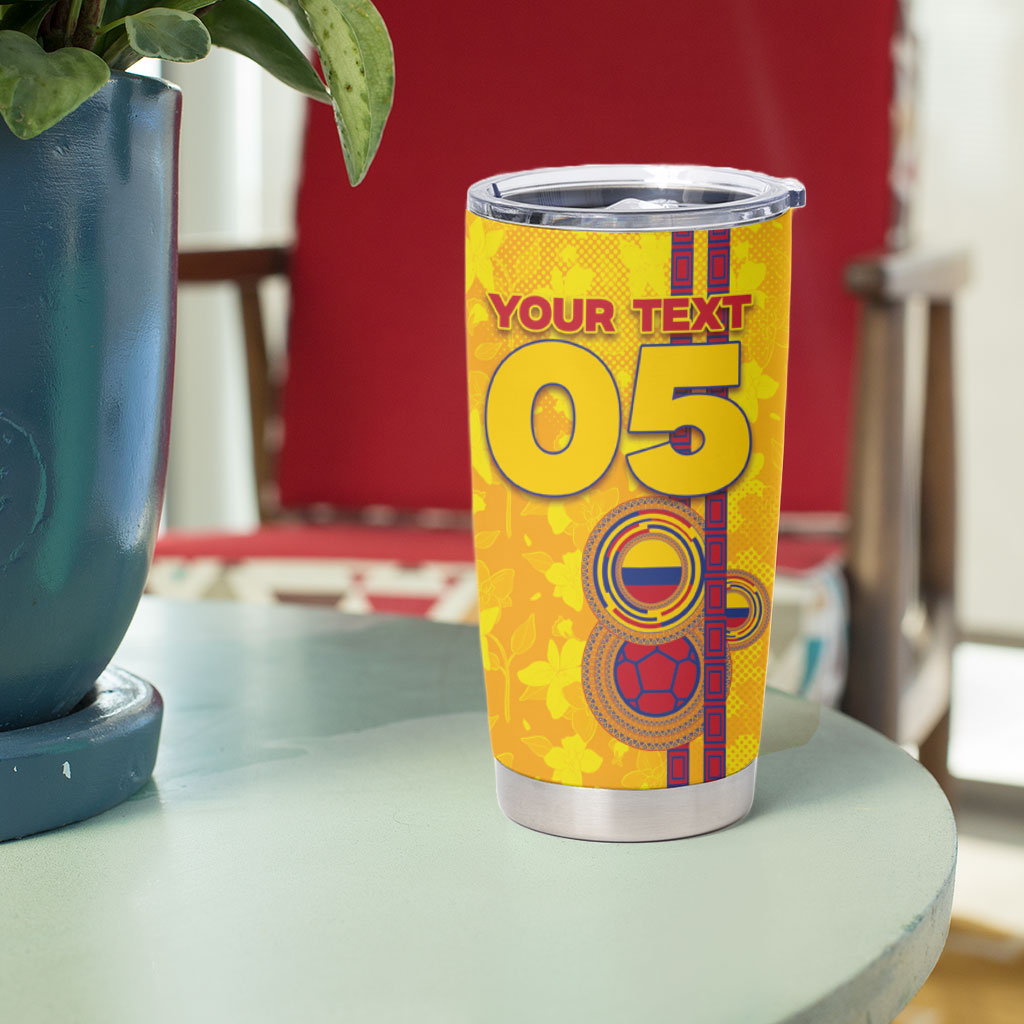 Custom Colombia Football Tumbler Cup Tropical Orchid Floral Pattern With Coat Of Arms