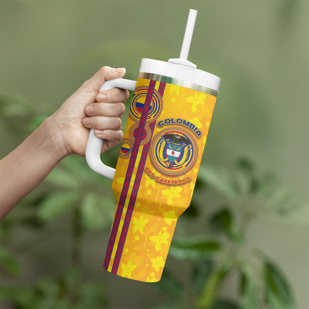 Custom Colombia Football Tumbler With Handle Tropical Orchid Floral Pattern With Coat Of Arms