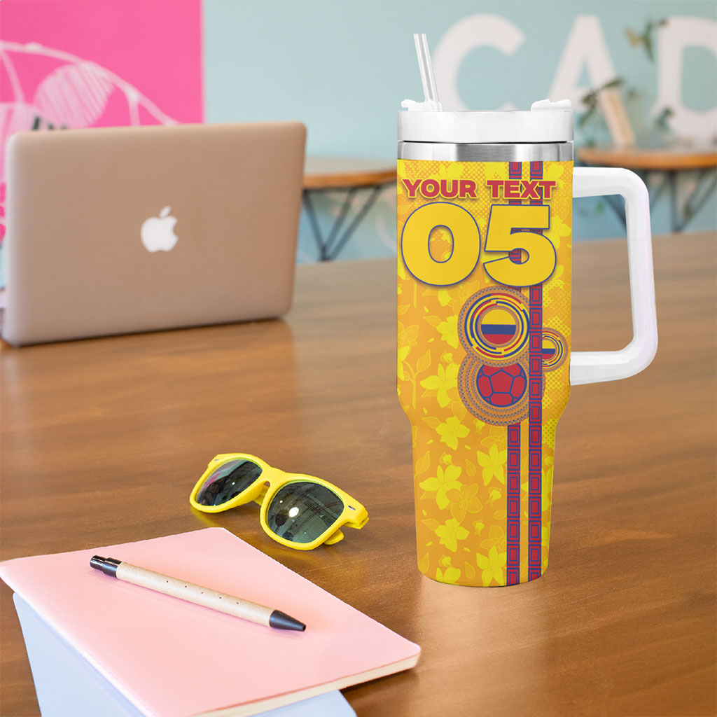 Custom Colombia Football Tumbler With Handle Tropical Orchid Floral Pattern With Coat Of Arms