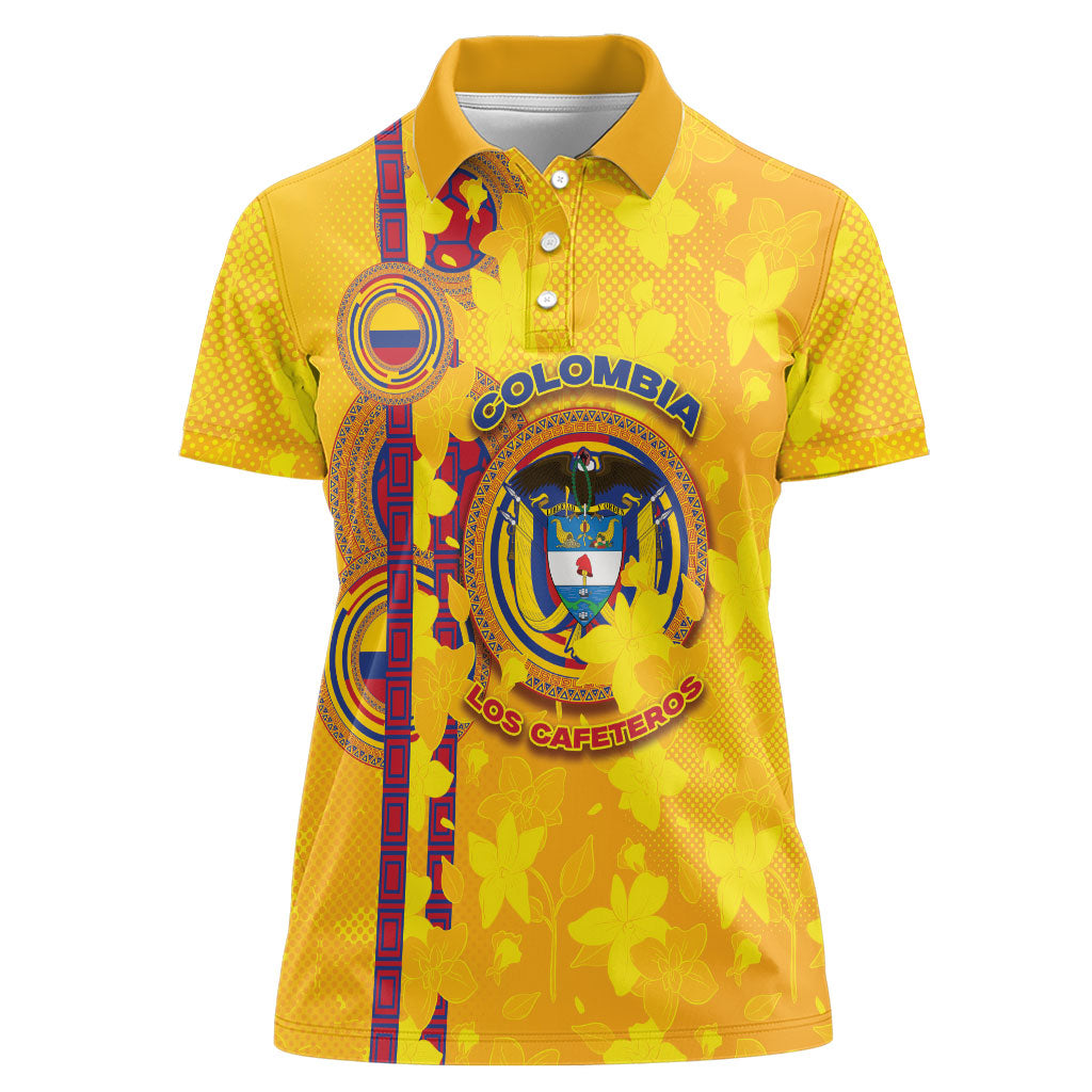 Custom Colombia Football Women Polo Shirt Tropical Orchid Floral Pattern With Coat Of Arms