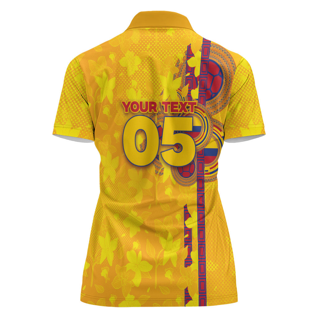 Custom Colombia Football Women Polo Shirt Tropical Orchid Floral Pattern With Coat Of Arms