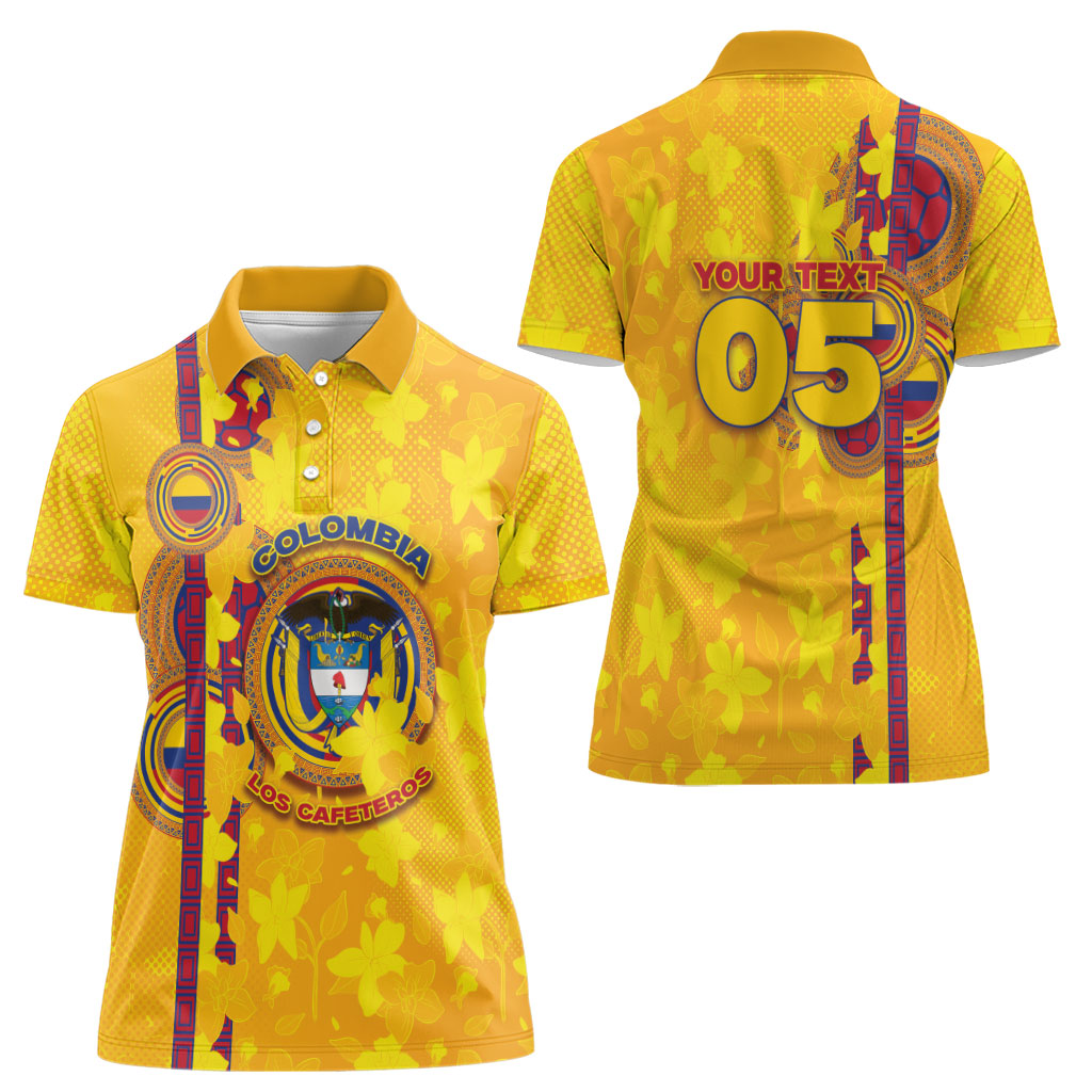 Custom Colombia Football Women Polo Shirt Tropical Orchid Floral Pattern With Coat Of Arms
