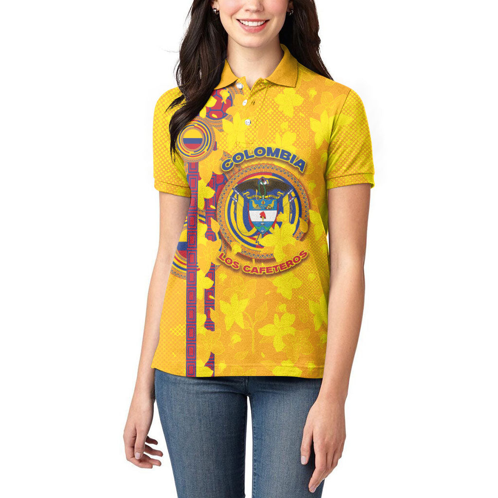 Custom Colombia Football Women Polo Shirt Tropical Orchid Floral Pattern With Coat Of Arms