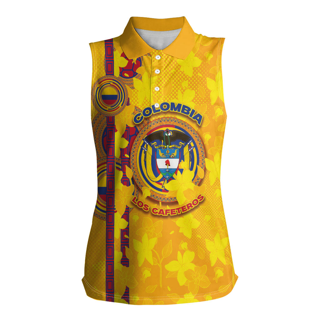 Custom Colombia Football Women Sleeveless Polo Shirt Tropical Orchid Floral Pattern With Coat Of Arms
