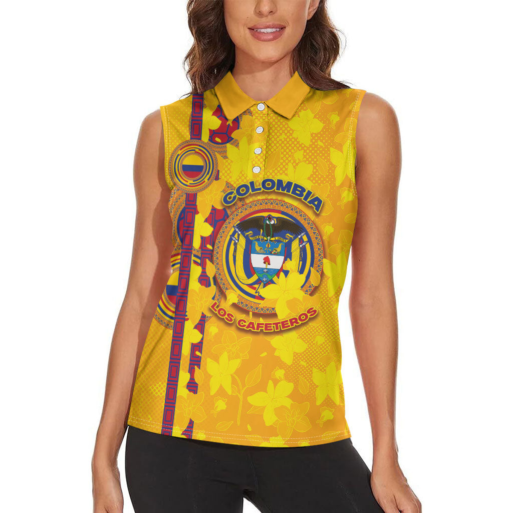 Custom Colombia Football Women Sleeveless Polo Shirt Tropical Orchid Floral Pattern With Coat Of Arms