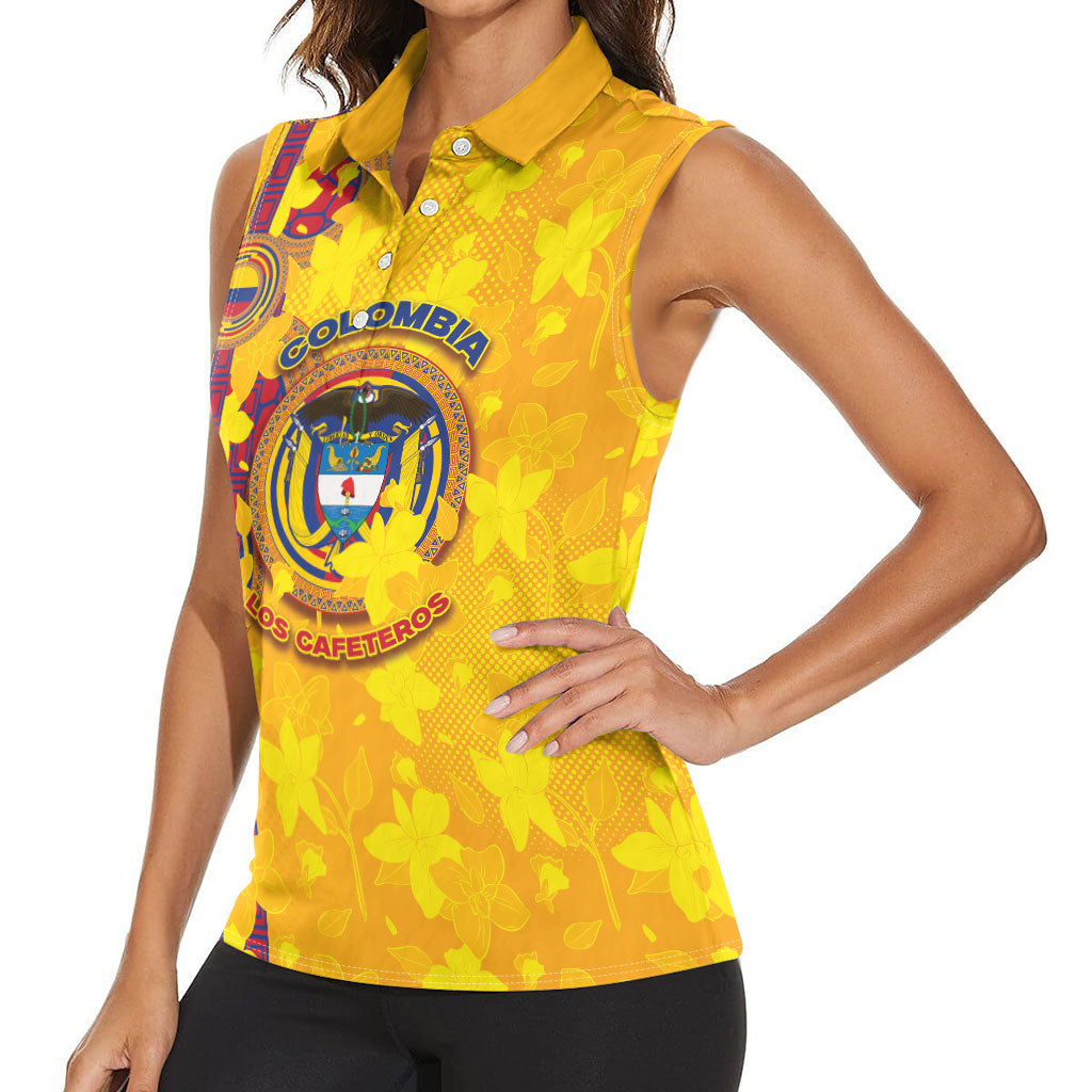Custom Colombia Football Women Sleeveless Polo Shirt Tropical Orchid Floral Pattern With Coat Of Arms