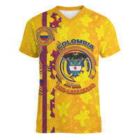 Custom Colombia Football Women V-Neck T-Shirt Tropical Orchid Floral Pattern With Coat Of Arms