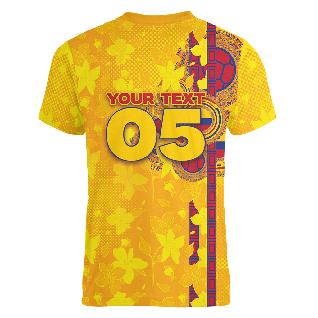Custom Colombia Football Women V-Neck T-Shirt Tropical Orchid Floral Pattern With Coat Of Arms