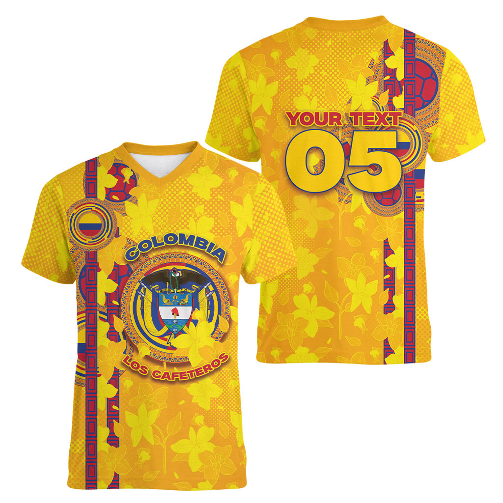 Custom Colombia Football Women V-Neck T-Shirt Tropical Orchid Floral Pattern With Coat Of Arms