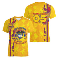 Custom Colombia Football Women V-Neck T-Shirt Tropical Orchid Floral Pattern With Coat Of Arms