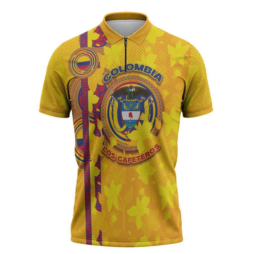 Custom Colombia Football Zipper Polo Shirt Tropical Orchid Floral Pattern With Coat Of Arms