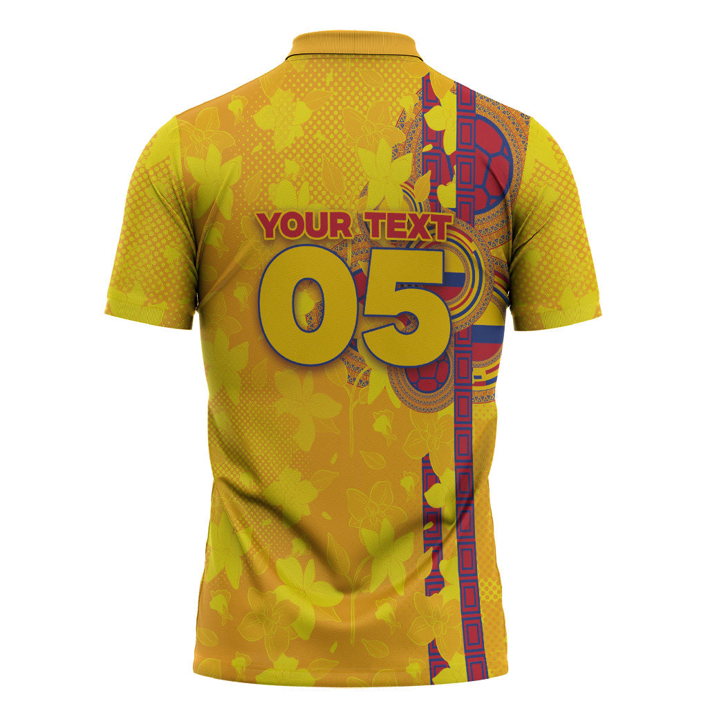 Custom Colombia Football Zipper Polo Shirt Tropical Orchid Floral Pattern With Coat Of Arms