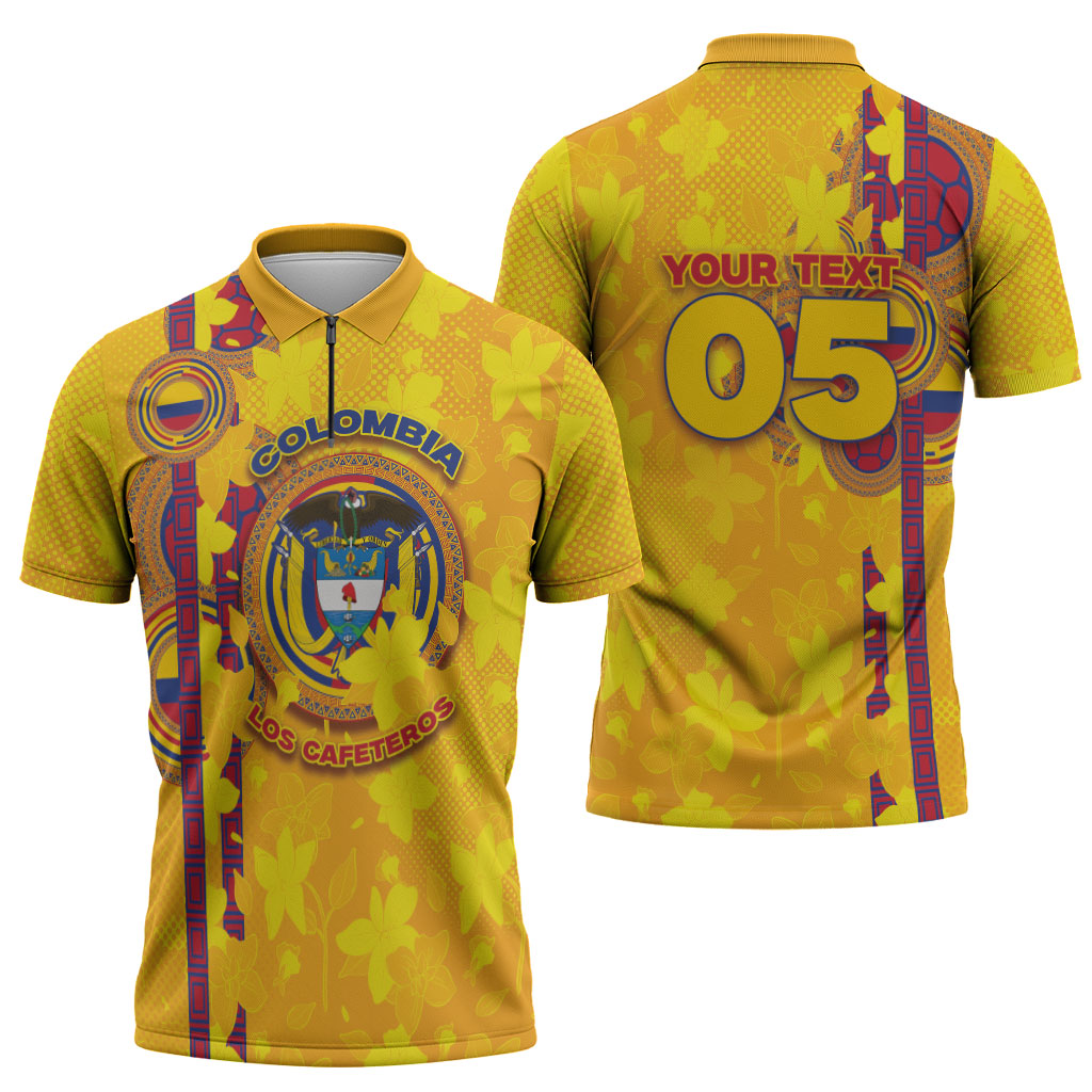 Custom Colombia Football Zipper Polo Shirt Tropical Orchid Floral Pattern With Coat Of Arms