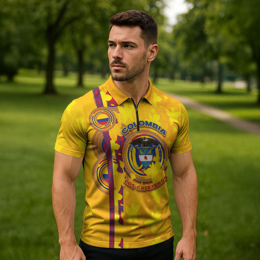Custom Colombia Football Zipper Polo Shirt Tropical Orchid Floral Pattern With Coat Of Arms