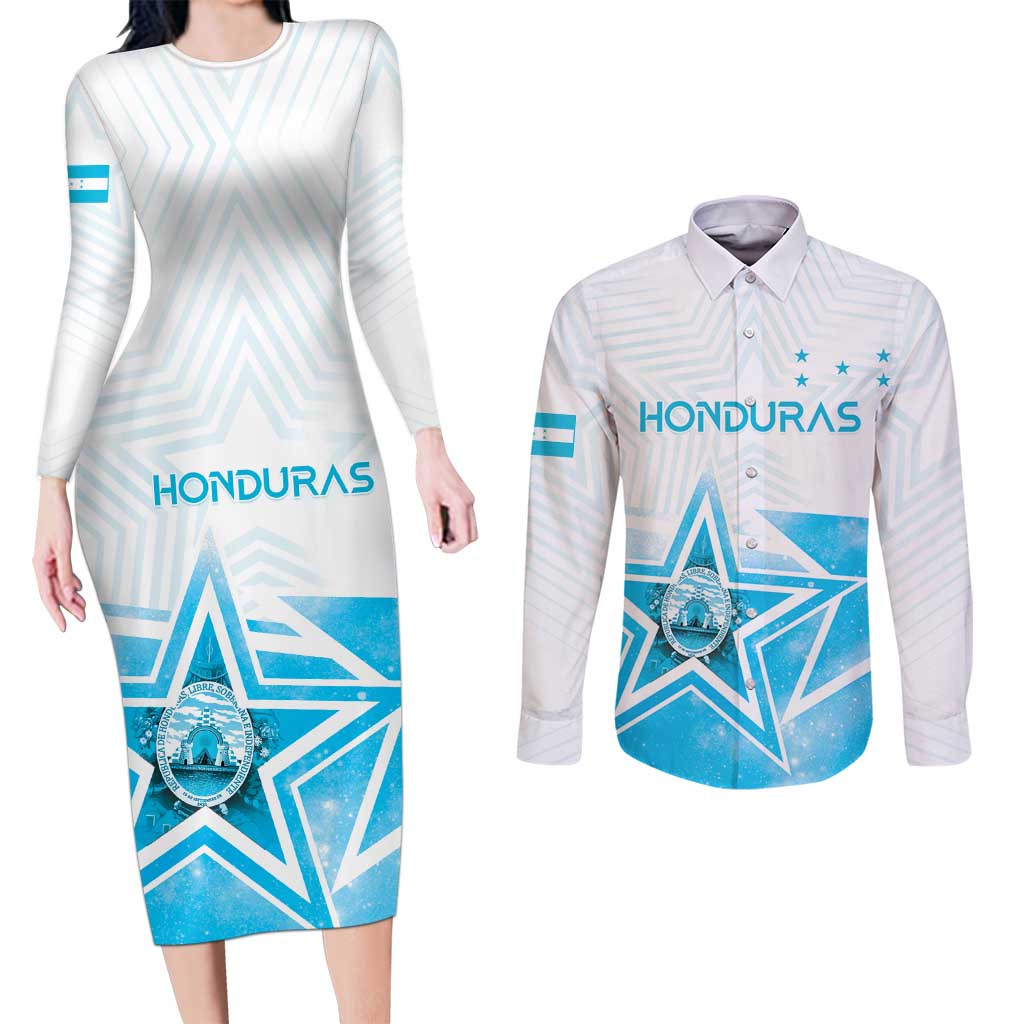 Personalized Honduras Couples Matching Long Sleeve Bodycon Dress and Long Sleeve Button Shirt A Nation of Stars Unity in Light - Wonder Print Shop