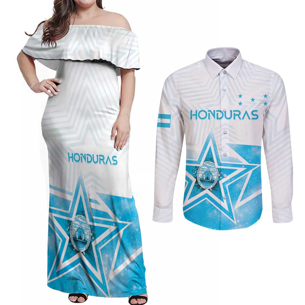 Personalized Honduras Couples Matching Off Shoulder Maxi Dress and Long Sleeve Button Shirt A Nation of Stars Unity in Light - Wonder Print Shop