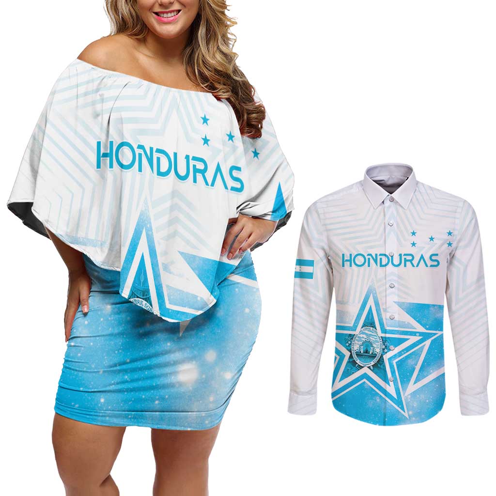 Personalized Honduras Couples Matching Off Shoulder Short Dress and Long Sleeve Button Shirt A Nation of Stars Unity in Light - Wonder Print Shop