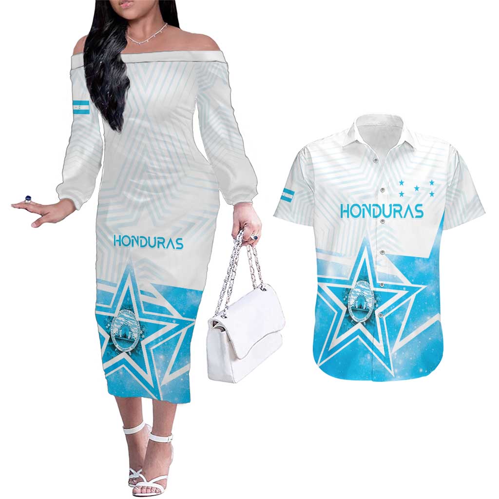 Personalized Honduras Couples Matching Off The Shoulder Long Sleeve Dress and Hawaiian Shirt A Nation of Stars Unity in Light - Wonder Print Shop