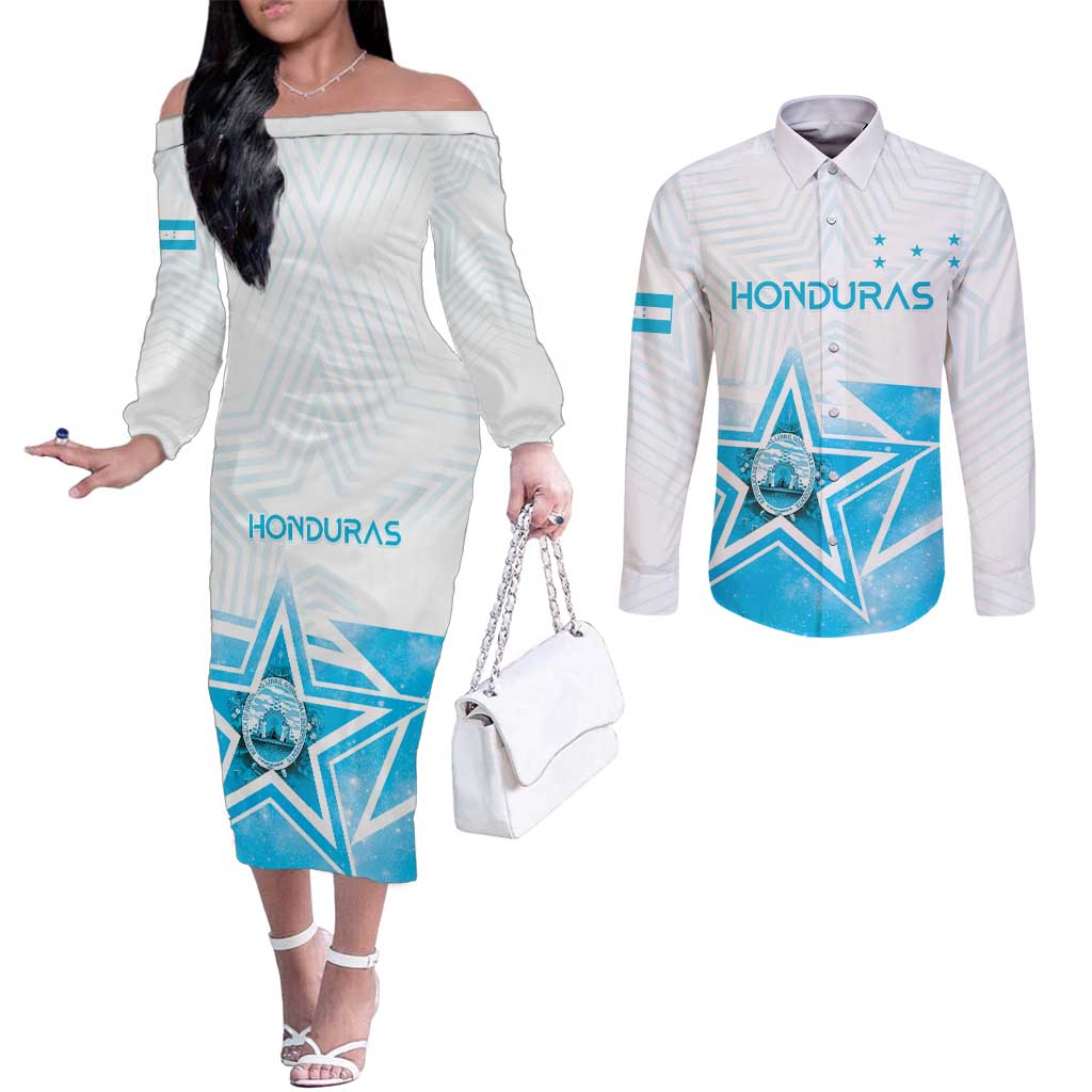 Personalized Honduras Couples Matching Off The Shoulder Long Sleeve Dress and Long Sleeve Button Shirt A Nation of Stars Unity in Light - Wonder Print Shop