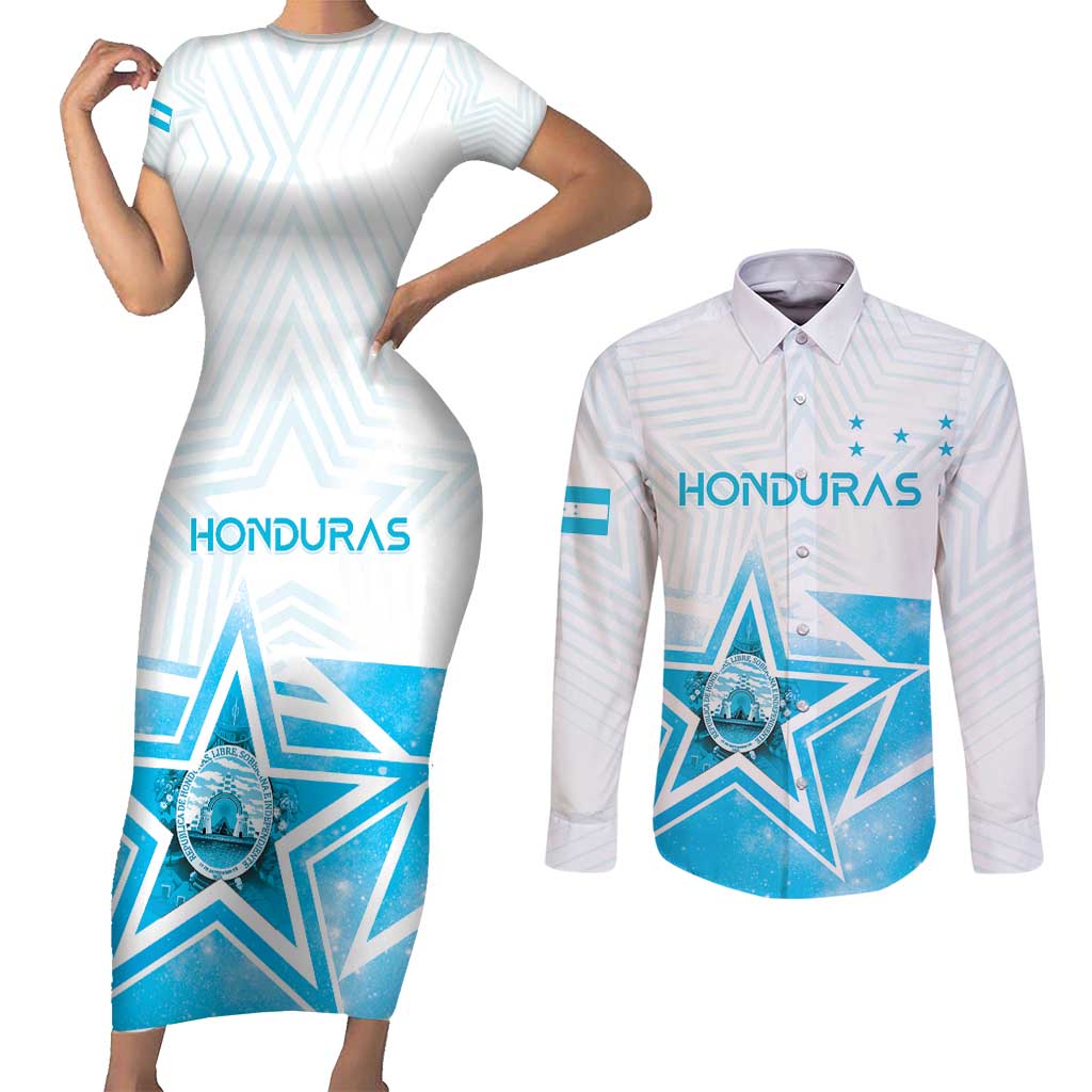 Personalized Honduras Couples Matching Short Sleeve Bodycon Dress and Long Sleeve Button Shirt A Nation of Stars Unity in Light - Wonder Print Shop