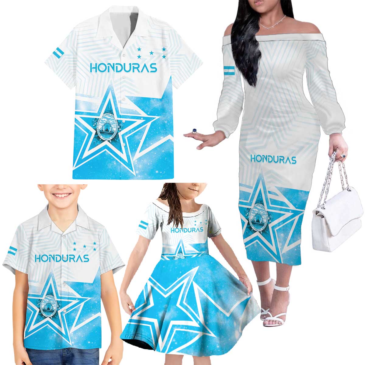 Personalized Honduras Family Matching Off The Shoulder Long Sleeve Dress and Hawaiian Shirt A Nation of Stars Unity in Light - Wonder Print Shop