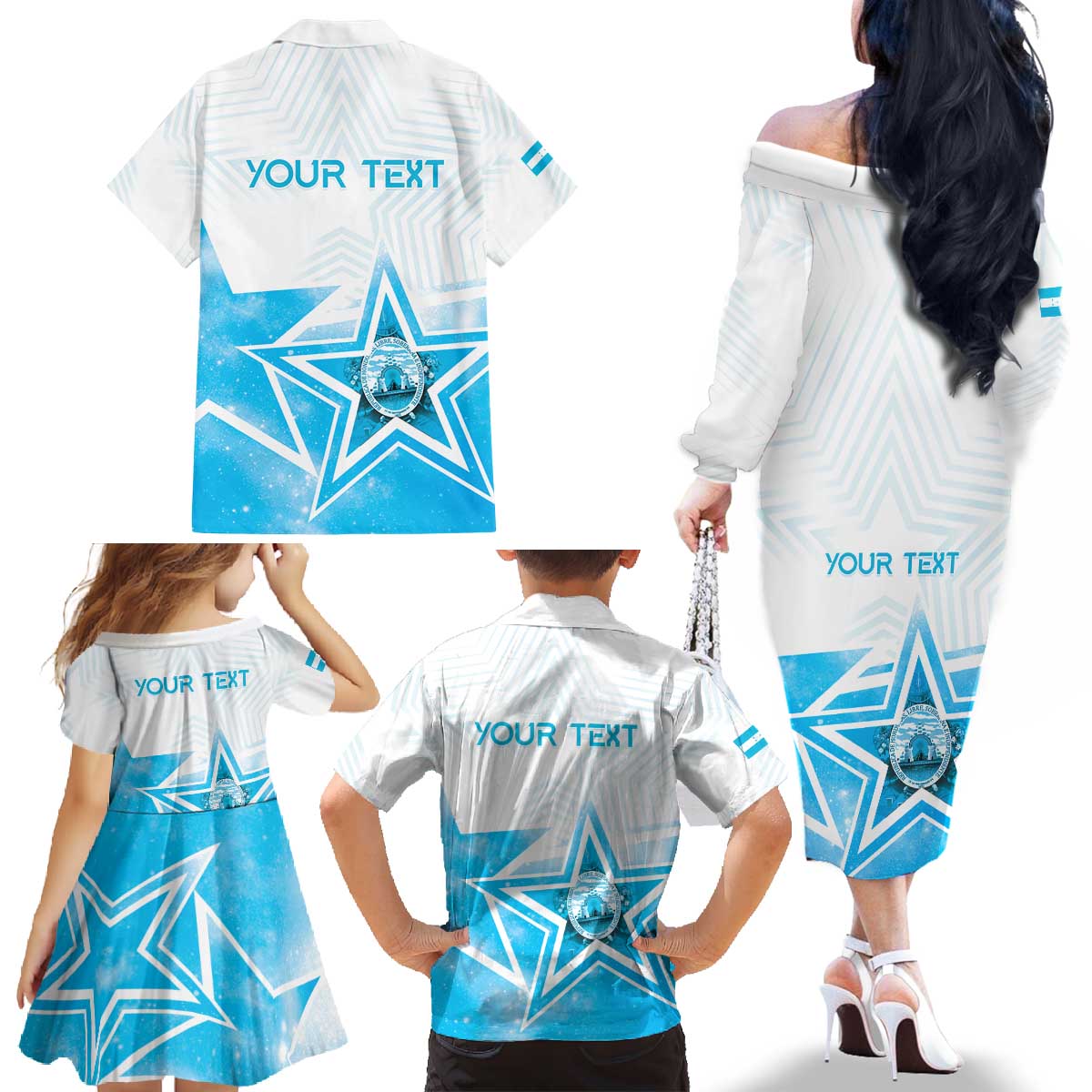 Personalized Honduras Family Matching Off The Shoulder Long Sleeve Dress and Hawaiian Shirt A Nation of Stars Unity in Light - Wonder Print Shop